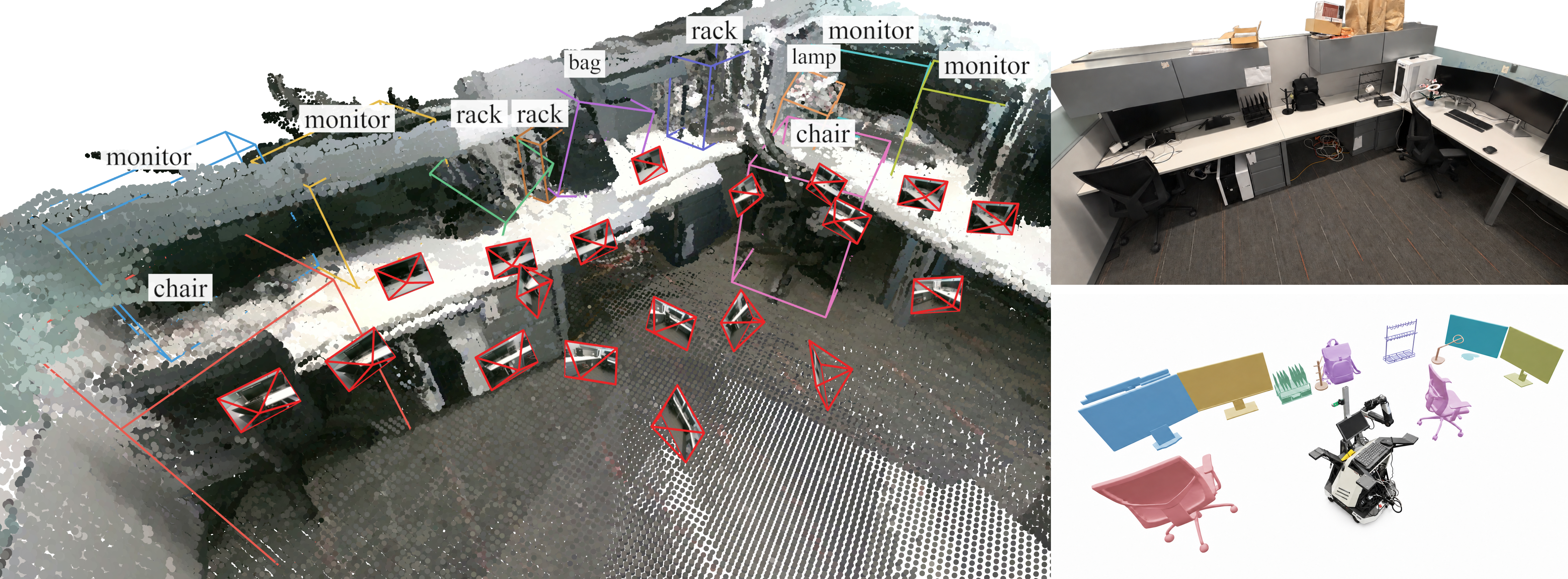 Selected camera views and reconstructed object meshes in a real robot scene